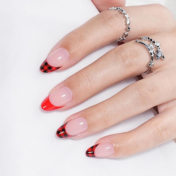 French Tip Press on Nails - Glossy Red Press on Nail, Short Almond Fake Nails Reusable Nails Press ons for Women, 32 Pieces in 16 Sizes False Nails Kit with Glue, Tartan Cheer