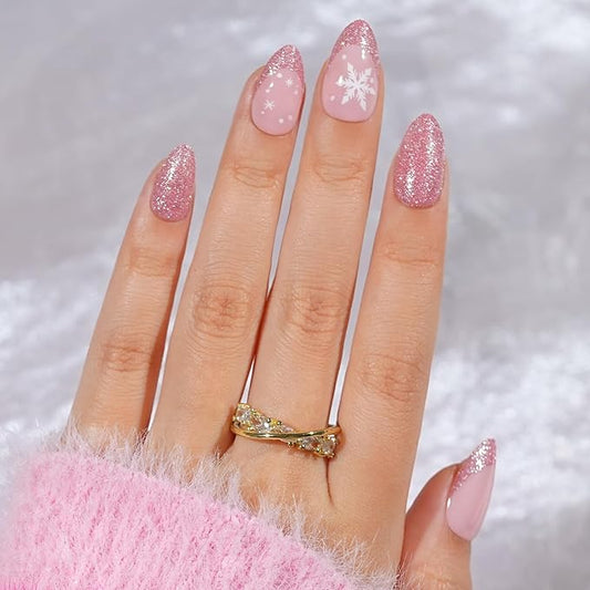 Christmas Press On Nails Almond - Jofay Fashion Pink Snowflake Glitter Press On Nails, Glossy Acrylic Fake Nails with Glue for Women, Reusable Winter Glue On Nails in 16 Sizes, 32 Pcs