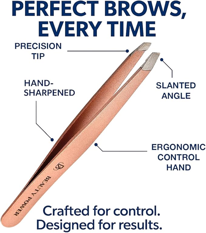 Slant Tip Precision Tweezers - Stainless Steel Eyebrow Tweezers for Women & Men - Precision Tweezers for Facial Hair, Ingrown Hair & Brow Shaping - Professional Beauty Tool (Rose Gold)