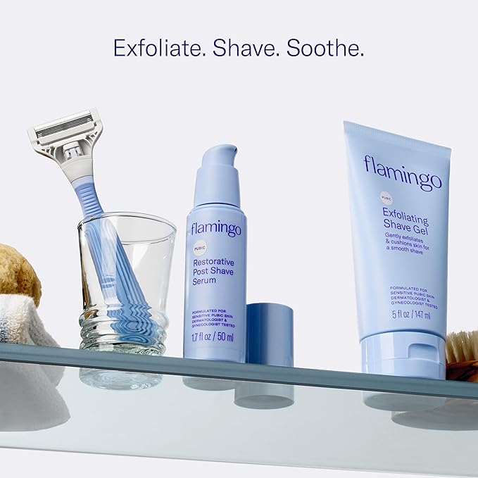 Flamingo Pubic Hair Shaving Skin Care Set, Exfoliating Shaving Gel for Women 5 fl oz with Restorative Post Shave Serum 1.7 fl oz