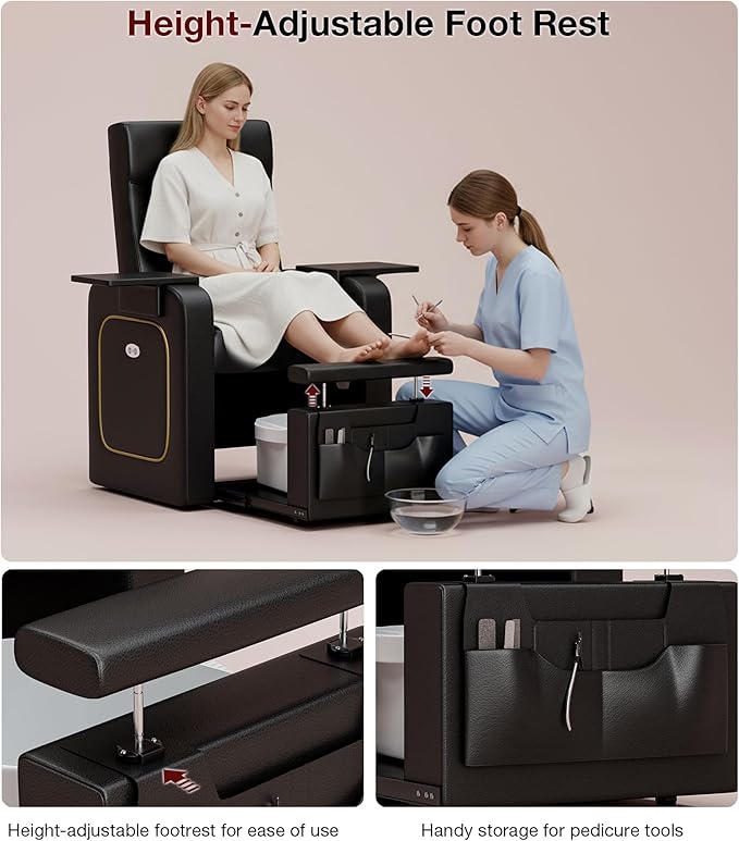 VARONXE Electric Reclining Pedicure Chair No Plumbing for Foot Spa, Profesional Pedicure Stand with Tool Pouch for Nail Teach, Ergonomic Pedi Sofa with Sliding Tray for Small Spaces, Black