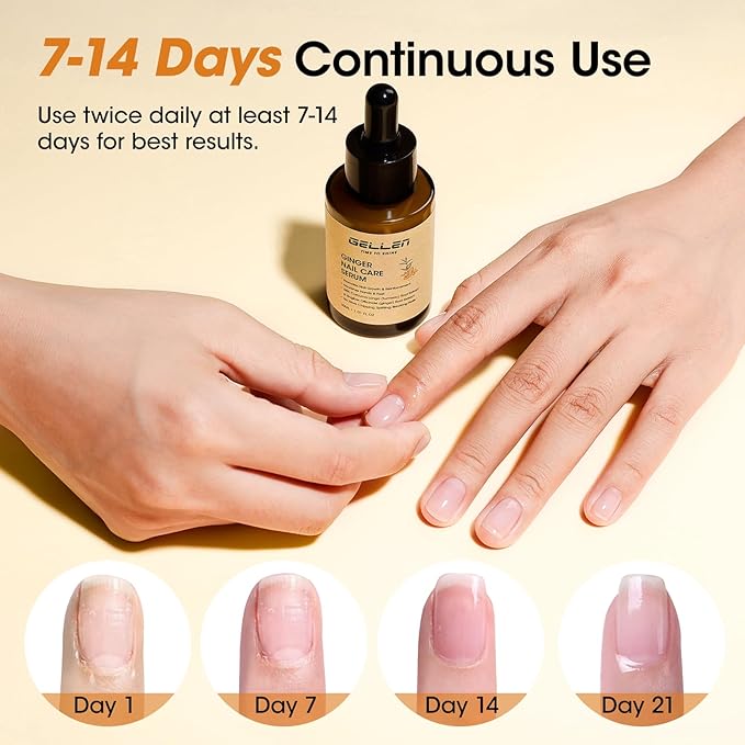 Gellen 30ml Ginger Nail Growth Serum for Nail Strengthener and Growth, Nail Repair Treatment for Weak Brittle Splitting Damaged Nails, Hydrated & Nourished Nail Care Solution for Hands & Feet
