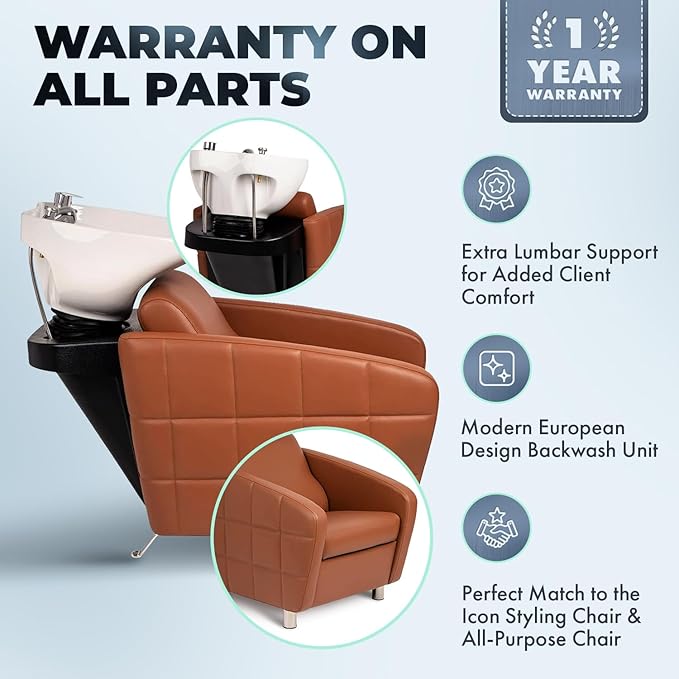 Buy-Rite Icon Shampoo Backwash Unit for Salons & Barbers, Extra Wide Seat, Tilting Porcelain Sink, Lumbar Support, Camel Vinyl Upholstery, YLG-192-BW, White Bowl