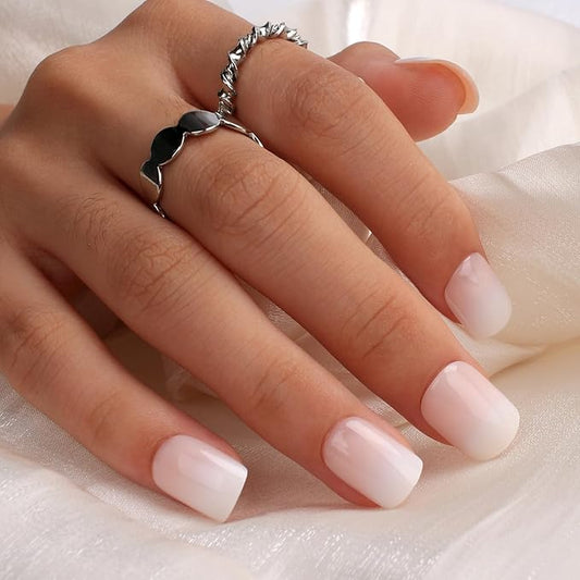 White Ombre Press On Nails Short, Glossy Soft Gel Press On Nails Square with Nail Glue, 15 Sizes - 30 Fake Nails Kit, Thick Natural Reusable Glue On Nails for Women, Silken White