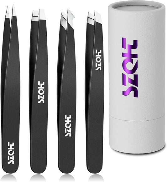 Professional Tweezers Set for Eyebrows – 4PC Precision Stainless Steel Tweezers Kit with Slant, Pointed & Flat Tips – Eyebrow Hair Removal Tool for Women & Men – Eco-Friendly Paper Tube Packaging
