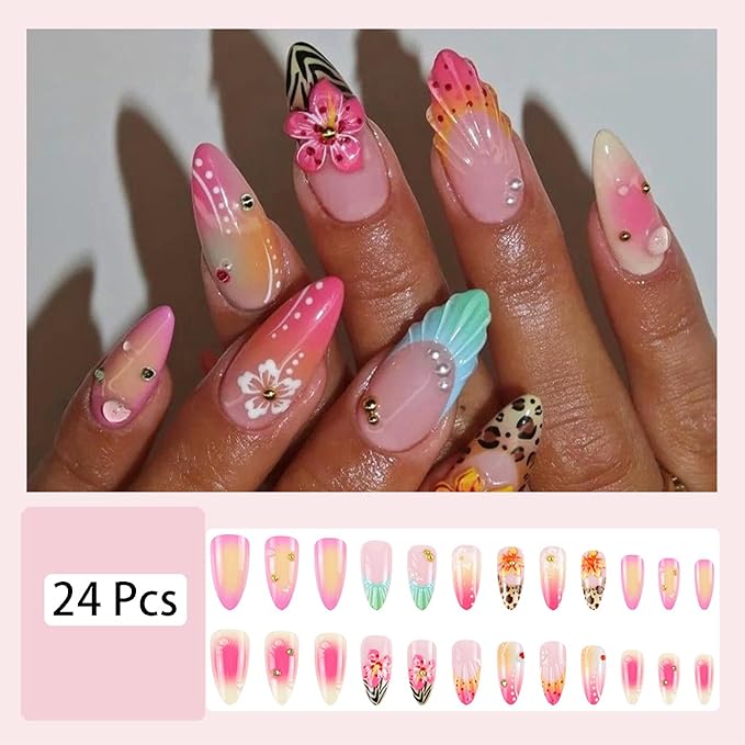 24pcs Pink Press on Nails Medium Almond Fake Nails with 3D Flower Pearl Water Drop Designs Gold Beads Glue on Nails French Tip False Nails French Gradient Full Cover Stick on Nails for Women