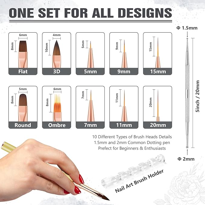 Nail Art Brushes for Nail Art, Professional 5Pcs Double-Ended Acrylic Nail Brush Set for Details, Long Lines, Ombre & 3D Design-Perfect for DIY Manicures & Salons (Gold)