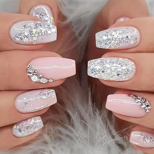 Press on Nails Coffin Short False Nails with Silver Glitter Design, White Silver Full Cover Fake Nails, Artificial Acrylic Glossy Stick on Nails for Women 24 Pcs