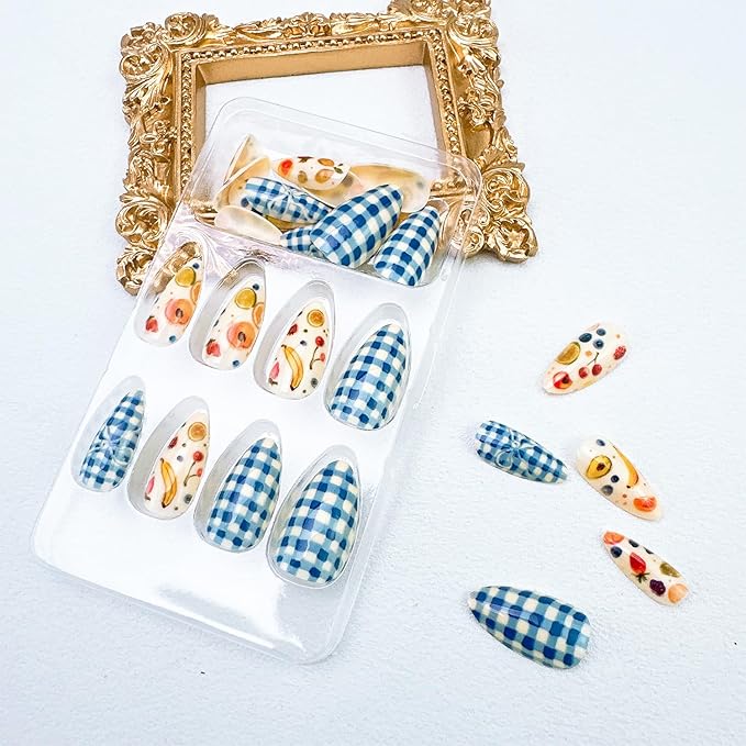 24pcs Fruit Press on Nails Medium Almond Fake Nails with Bow Lemon Banana Cherry Blueberry Strawberry Design Summer False Nails Kit Blue White Lattice Glue on Nails Full Cover Stick on Nails for Women