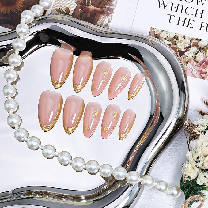 24Pcs Gold French Tip Press on Nails Almond Short Fake Nails Star Full Cover False Nails 3D Golden Stripe Glue on Nails Glossy Nude Acrylic Nails French Gold Artificial Nails Decoration for Women
