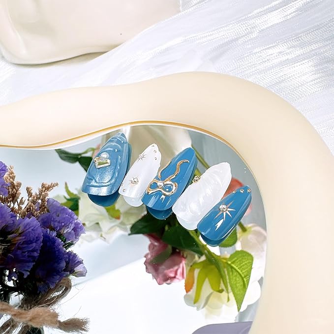 30pcs Blue Press on Nails Medium Almond Fake Nails with 3D Bow Gold Beads Rhinestones Designs Star False Nails Handmade Acrylic Full Cover Glue on Nails for Women Nail Decoration