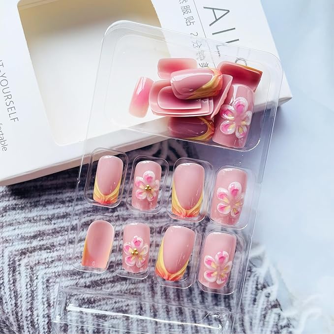 French Tip Press on Nails Medium Square Fake Nails with Design Glossy Pink Nail Tips Artificial Glue on Nails 3D Handmade Press ons Flower Acrylic Nails Reusable Stick on Nails for Women 24 Pcs