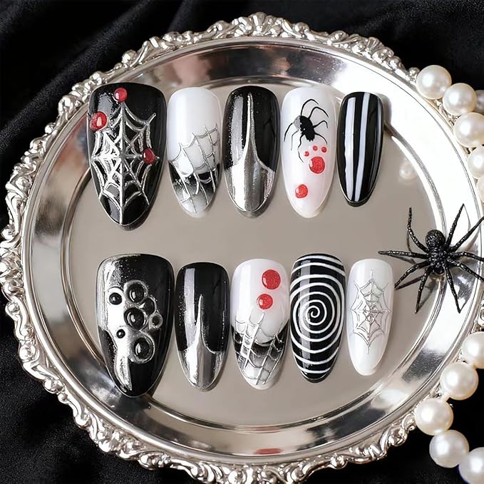 30Pcs Goth Halloween Press on Nails Medium Almond French Tip Fake Nails 3D Spider Gems Designs Y2K Black Acrylic Nails Full Cover Artificial Halloween Glue on Nail Holiday False Nail for Women