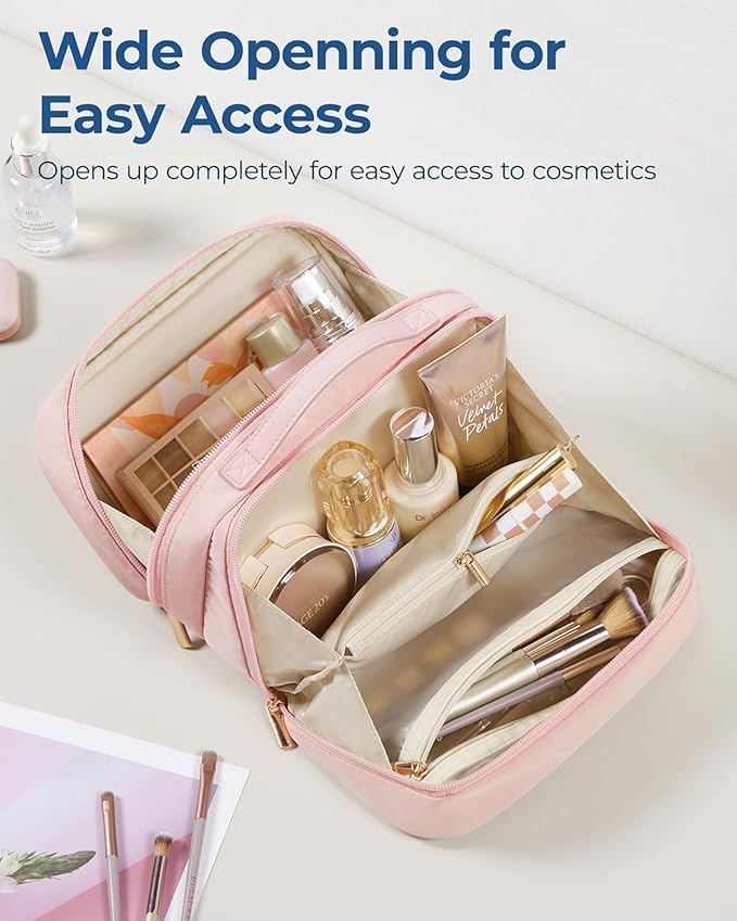 BAGSMART Travel Makeup Bag Large Capacity Cosmetic Bag, Wide-open Portable Make Up Bag Organizer for Women for Travel Essentials Toiletries Accessories Bottles, Brushes, Pink