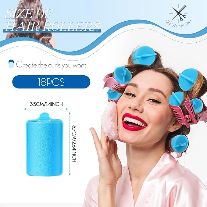 Geyoga 18 Pieces Sponge Hair Rollers Large Soft Foam Hair Styling Curlers Large Size Hairdressing Curlers for Women(1.4 x 2.6 Inches,Blue)