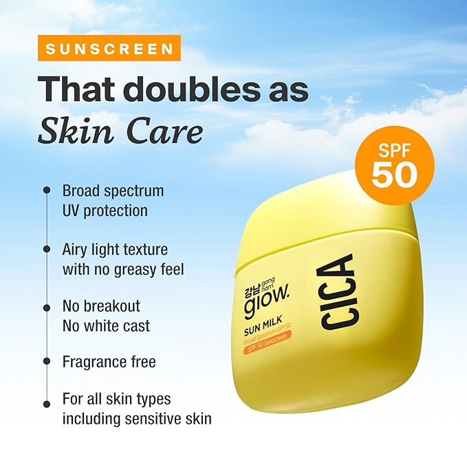 CICA SUN MILK, Moisturizer with SPF 50, Invisible Broad Spectrum Sunscreen for Face, No White Cast, Sun Protection with Cica and Niacinamide, Glow Natural Korean Sunscreen 1.69 fl.oz