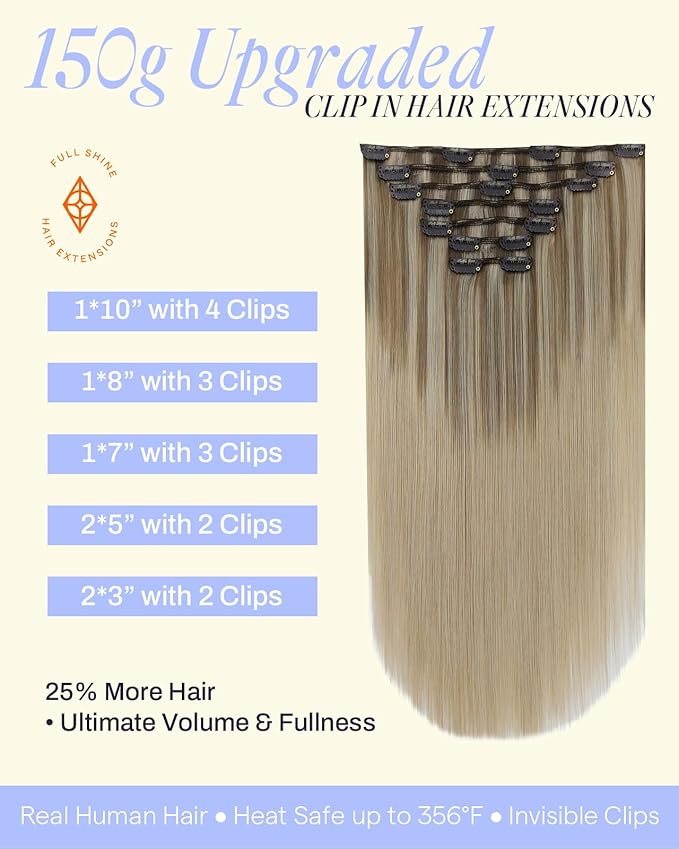 Full Shine Real Human Hair Extensions Clip ins 150 G Caramel Latte Rooted Highlight Hair Extensions Real Human Hair Clip ins 20 Inch 7 Pcs