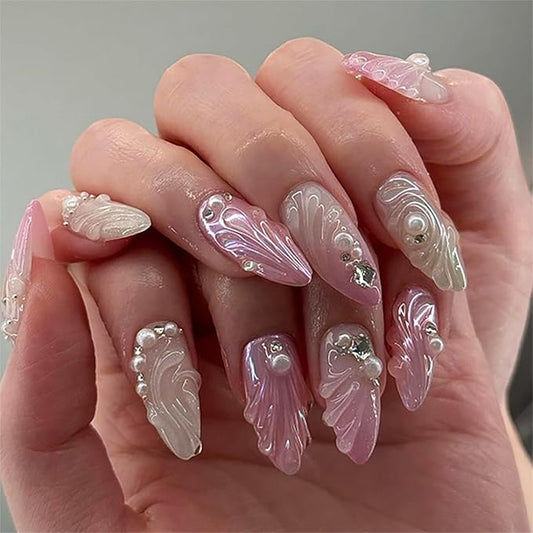 24pcs 3D Handmade Press on Nails Medium Almond Fake Nails with Pearl Shell Star Rhinestones Designs Pink Gradient False Nails Stick on Nails Summer Full Cover Acrylic Nails Glue on Nails for Women