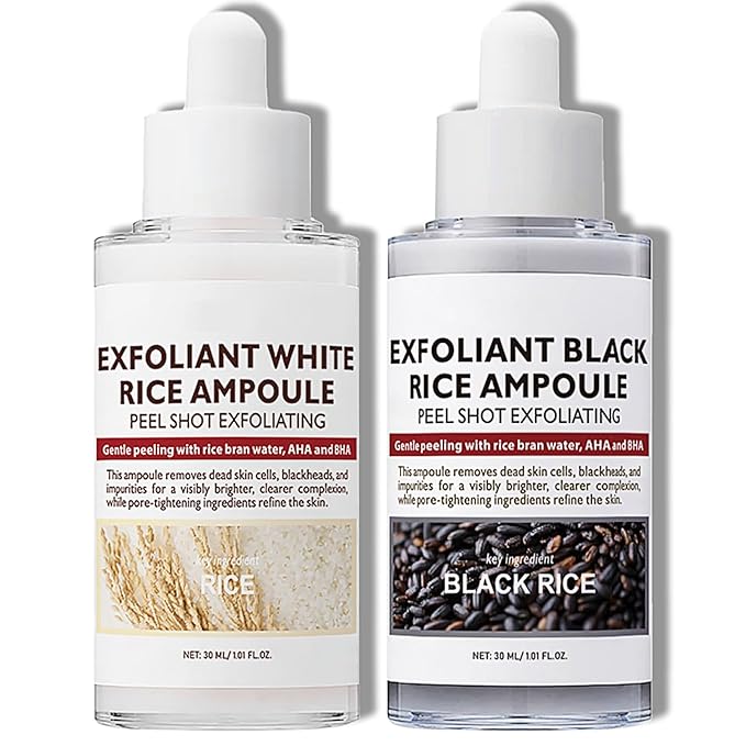 2PCS Peel Shot Glow Rice Ampoule Duo, Rice Exfoliating Ampoule Set, Black and White Rice Exfoliant, Rice Ampoule Duo Exfoliating Solution, Gentle Peel + Pore Minimizing & Deep Hydration for All Types