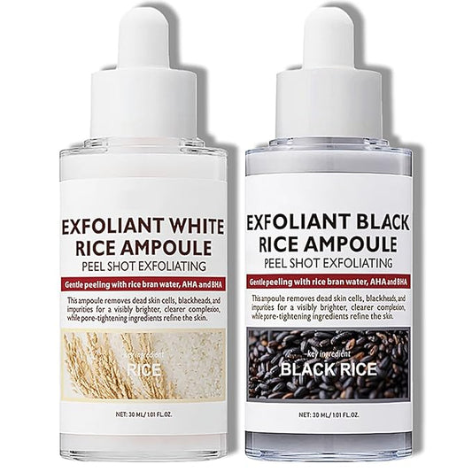 2PCS Peel Shot Glow Rice Ampoule Duo, Rice Exfoliating Ampoule Set, Black and White Rice Exfoliant, Rice Ampoule Duo Exfoliating Solution, Gentle Peel + Pore Minimizing & Deep Hydration for All Types