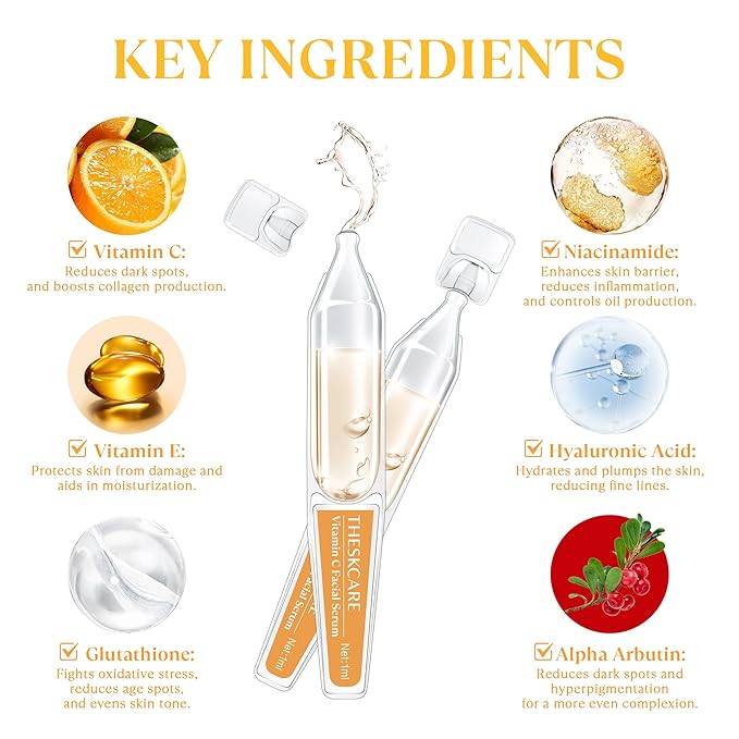 Vitamin C Face Serum with Hyaluronic Acid,Glutathione,Vitamin E & Niacinamide, Anti Aging Facial Serum for Wrinkles & Dark Spots,Hydrating & Glowing,30 Ampoules