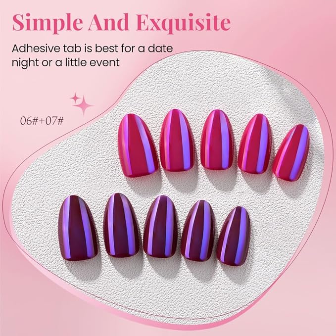 Chrome Red and Purple Press On Nails Short Almond 60 Pcs Kit, Designer Reusable Acrylic Fake Nails with Glue, Glossy Soft Gel Nails for Women Wedding Party Gift - Stick On Glue On Nails Kit