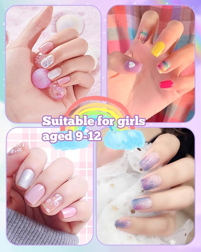 krofaue 240Pcs Kids Press on Nails with Handle - Short Fake Nails for Girls 12 Sizes Soft Gel Nail Tips for Safe & Fun DIY Nail Tips Art for Children 9-12(Nature)