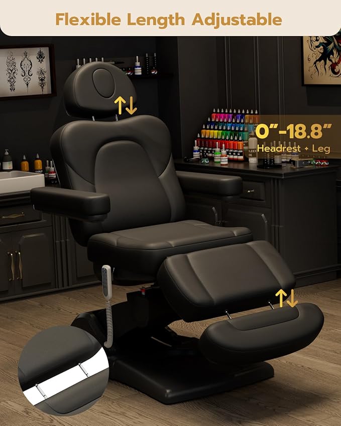 Paddie 360° Swivel Fully Electric Tattoo Chair 4 Motor with 20° Backward Tilt, Motorized Height & Angle Adjustable Massage Table Professional 660lbs, Headrest & Footrest Length Adjustable