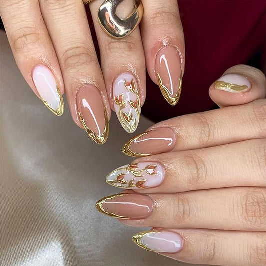 24pcs Gold French Tip Press on Nails Medium Almond Fake Nails with 3D Flower Acrylic Nails Designs Gold Stripes Acrylic Nail Tips Stick on Nails Floral False Nails Kit Glue on Nails for Women