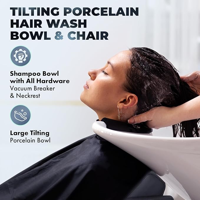 Buy-Rite Icon Shampoo Backwash Unit for Salons & Barbers, Extra Wide Seat, Tilting Porcelain Sink, Lumbar Support, Camel Vinyl Upholstery, YLG-192-BW, White Bowl