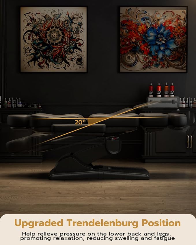 Paddie 360° Swivel Fully Electric Tattoo Chair 4 Motor with 20° Backward Tilt, Motorized Height & Angle Adjustable Massage Table Professional 660lbs, Headrest & Footrest Length Adjustable