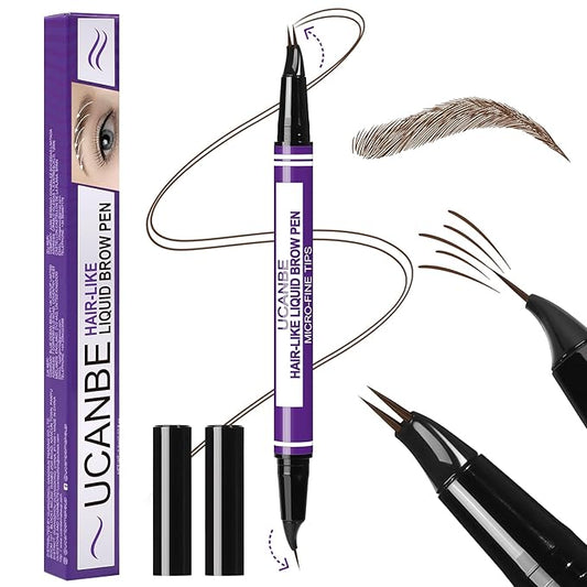 UCANBE Eyebrow Pen, Dual-Curved Eyebrow Pencils for Women, 2-in-1 Brow Pencil with 2-Fork-Tip & Precise Brush-Tip for Natural Hair-Like Brows, Waterproof Microblading Brow Pen Last 24Hrs(Dark Brown)
