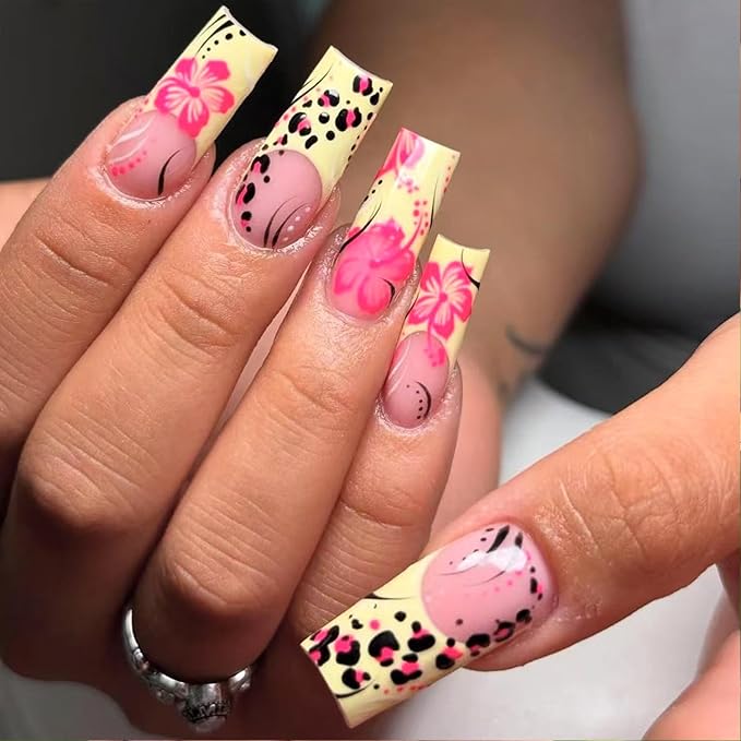 Fall French Tip Press on Nails Long Square False Nails With Pink Flower Design Full Cover Glue on Nail Reusable Withe French Tip Acrylic Fake Nails Glossy Artificial Stick on Nail for Women