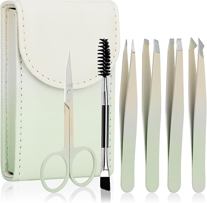 6 PCS Tweezers Set for Women, Eyebrow Tweezers Set with Curved Scissor for Ingrown Hair, Plucking Daily Beauty Tool with Leather Travel Case for Gifts (Gradient Green)