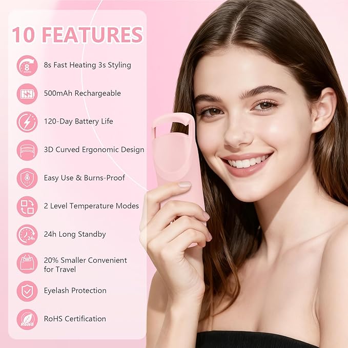 Heated Eyelash Curler, Electric Eyelash Curler with 2-Temp Modes & Type-C Charging, 8s Fast Heat 3s Style 24H Lift for Long-Lasting Natural Effortless Curls, Mini Heated Lash Curler for Women(Pink)