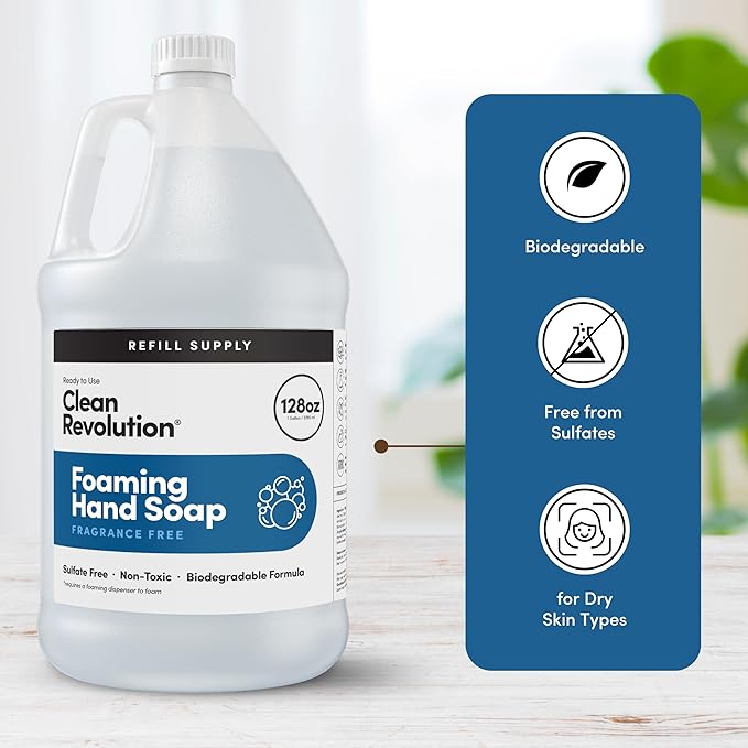 Clean Revolution Foaming Hand Soap Refill Supply, Gentle, Moisturizing & Eco-Friendly, Ready to Use Formula, Gluten Free, Unscented, Fragrance Free, 128 Fl Oz