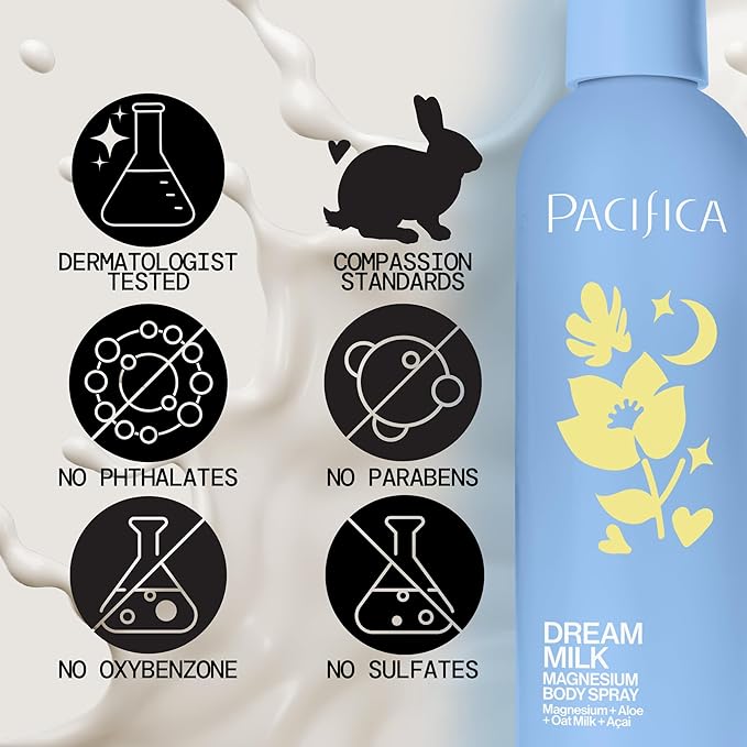 Pacifica Dream Milk Magnesium Spray for Sleep & Relaxation - Natural Magnesium Body Mist Infused with Lavender, Chamomile & Essential Oils, Vegan & Cruelty-Free, Clean Beauty, 4 fl oz