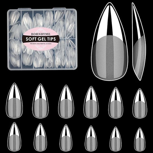 Medium Stiletto Soft Gel Nail Tips, BORNBYME 240 PCS Pre Buff Full Cover Shaped Nail Extenison Tips Half Matte Gel Nail Tips