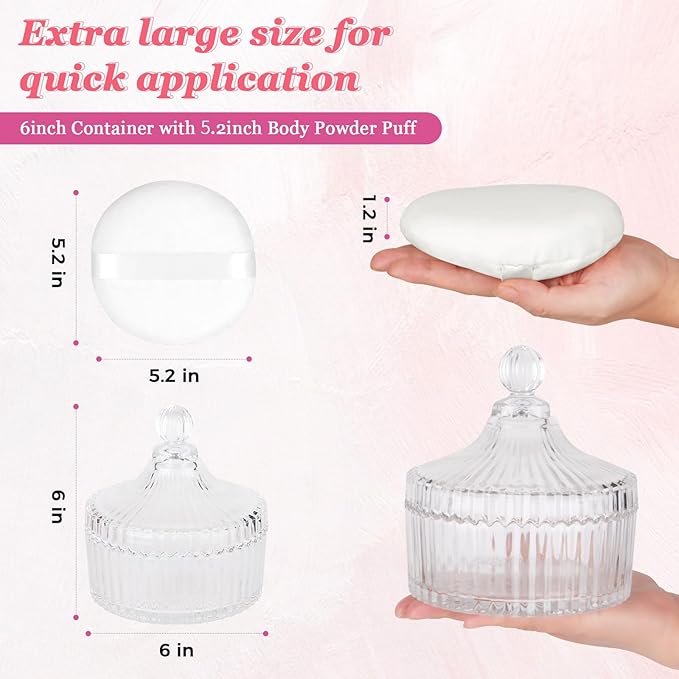 2Pcs Extra Large Body Powder Puff & Luxury 6" Glass Jar Dusting Powder Container with Puff for Women Bath Powder Puffs Perfect for Talcum or Loose Powder (White)