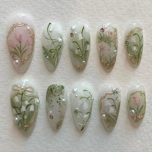 Green Press on Nails Medium Almond Fake Nails 3D Pearl Rhinestones Designs Gold French Tips Flower Acrylic Nails Glue on Nails Spring False Nails White Floral Full Cover Stick on Nails for Women Girls