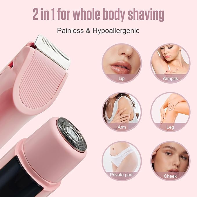 2 in 1 Bikini Trimmer for Women Dual Head Electric Shaver with LED Display,IPX7 Waterproof Wet & Dry, Painless Shaver for Underarm Leg Arm Body Face Private Area Pink