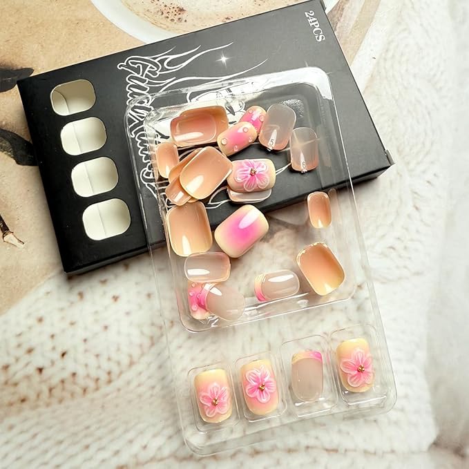 3D Flower Press on Nails Short Square French Tip Fake Nails with Designs Summer Nails Kit Flowers Acrylic Nail Tips False Nails Cute Stick on Nails Full Cover Artificial Glue on Nails for Women 24Pcs