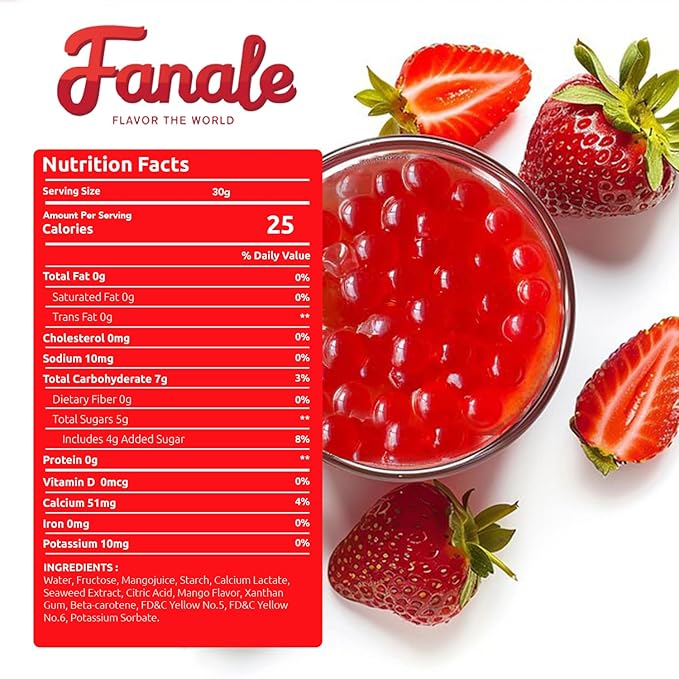 Fanale Strawberry Popping Boba Pearls, Vegan, Non GMO, Gluten Free, Fat Free, Perfect for Bubble Tea, Smoothies, Ice Cream, Desserts, and Beverages.