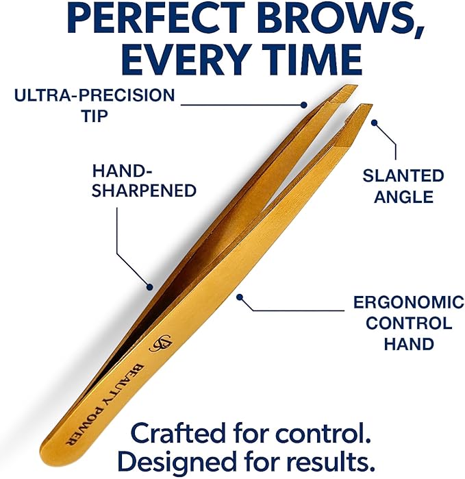 Ultra-Precision Professional Slant Tweezers for Women Facial Hair - German Stainless Steel, Lightweight Black Tweezers for Women & Men, Ideal for Eyebrow & Facial Grooming (Matte Gold)