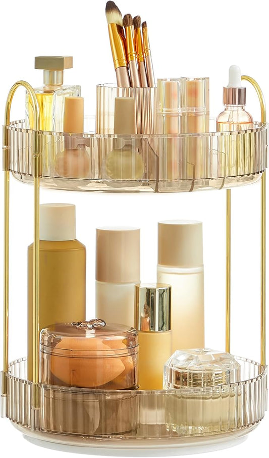 SONGMICS Makeup Organizer, 2-Tier Round Rotating Skincare Organizer Countertop, Customizable, Toiletries Vanity Organizer, Lazy Susan, Gift, Champagne Gold UJKA012A01