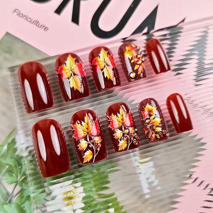 Fall Press on Nails 3D Maple Leaf Fake Nails with Rhinestones Design Brown Glossy Glue on Nail Medium Square Acrylic False Nail Stick on Fingernails Thanksgiving Artificial Nails for Women