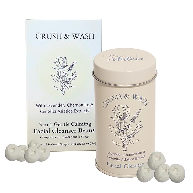 3-in-1 Solid Facial Cleanser, Exfoliator, and Wash-off Mask - Vegan, Cruelty-Free, Plastic-Free, Travel-Friendly, 1 Month Supply (60 Crushable Tablets) in Tin (Calming Beans in Tin)