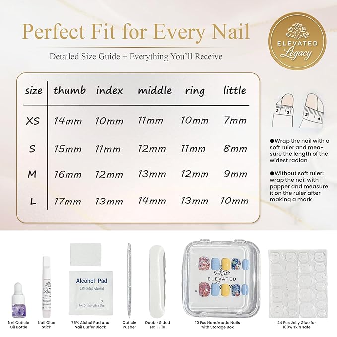 Medium-Golden Garden Fake Nails Press-On Manicure Kit for Women | French Tip 10 Nails | Nail Glue, Dual Nail File, Cuticle Stick, Buffer Block | Measure Before Ordering