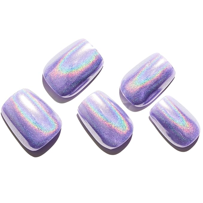 GLAMERMAID Laser Purple Press on Nails Extra Short Square, Fake Nails Glossy Full Cover Glue on Nails with Design Glue on Nail Reusable Acrylic False Nails Manicure Kits for Women