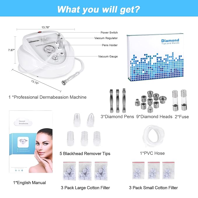 2 in 1 Diamond Microdermabrasion Machine Professional Blackhead Removal Equipment, 65-68cmHg Suction Power Professional Dermabrasion Facial Skin Care Massager for Home Salon Use with 300 Cotton Filter